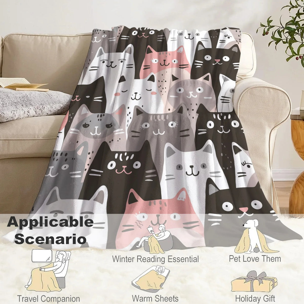Whimsical Cat Print Flannel Throw Blanket - Ultra-Soft, Lightweight, Warm, and Cozy for All Seasons - Perfect for Snuggling Up on Bed, Sofa, Office, Camping, and Travel Adventures