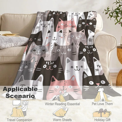 Whimsical Cat Print Flannel Throw Blanket - Ultra-Soft, Lightweight, Warm, and Cozy for All Seasons - Perfect for Snuggling Up on Bed, Sofa, Office, Camping, and Travel Adventures