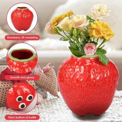 Strawberry Vase Ceramic Flower Vase Decorative Ceramic Vase Cute Strawberry Shape Vase Unique Vase for Flowers Realistic Vase