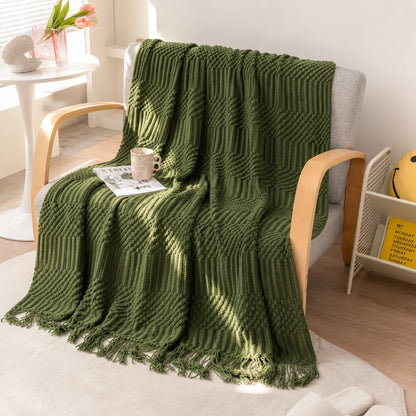 Sage Green Diamond Knit Throw Blanket with Tassels