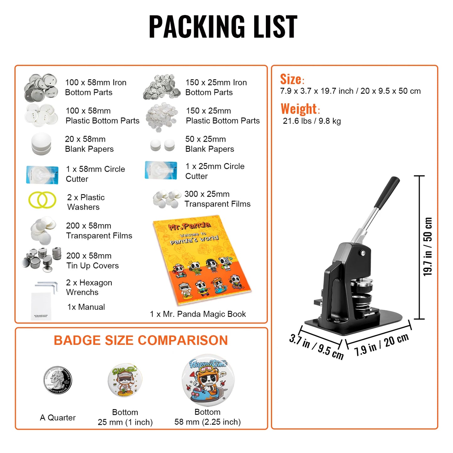 Badge Maker Machine 25+58MM/32+58MM DIY Button Pin with 500Pcs Free Parts Press Kit Circle Manufacture Button Tool