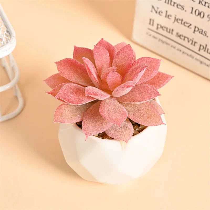 Pink Flocking Artificial Succulents Plants With Pot For Home Garden Decoration Fake Bonsai Flower Planta Artificial Accessories