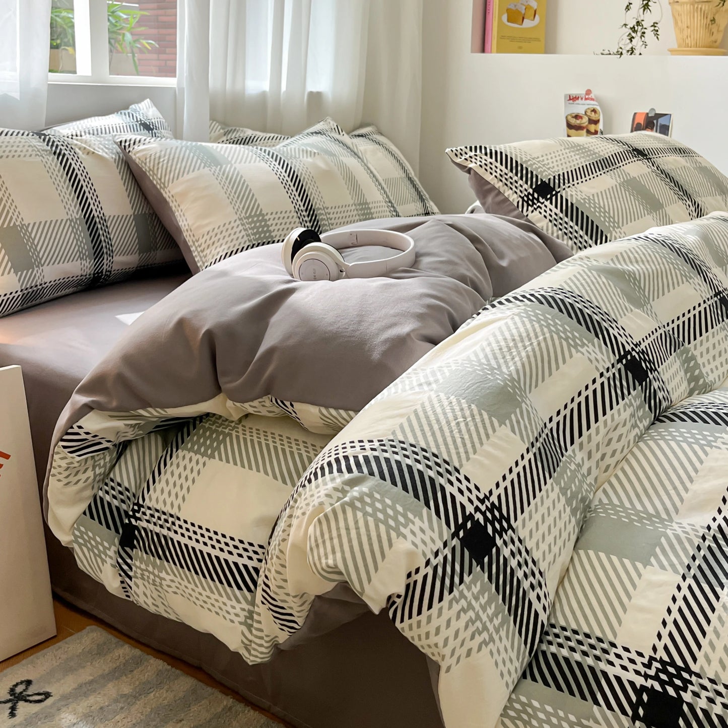 3/4 Pcs Blue Checkered Bedding Set Simple Style Soft Skin Friendly Duvet Cover Flat Sheet and Pillowcases Single Double Bed Sets