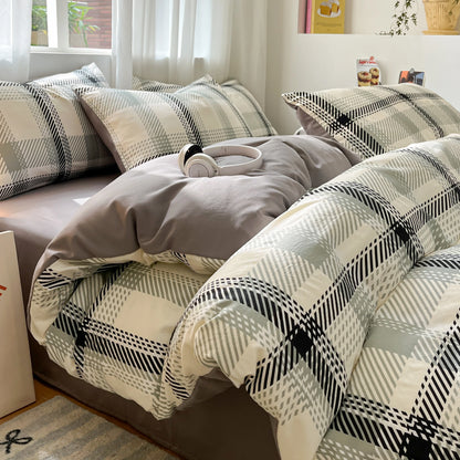 3/4 Pcs Blue Checkered Bedding Set Simple Style Soft Skin Friendly Duvet Cover Flat Sheet and Pillowcases Single Double Bed Sets