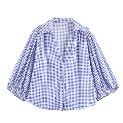 Women's Loose Fit Bubble Sleeve Blouse – Turn-Down Collar Casual Commute Summer Shirt
