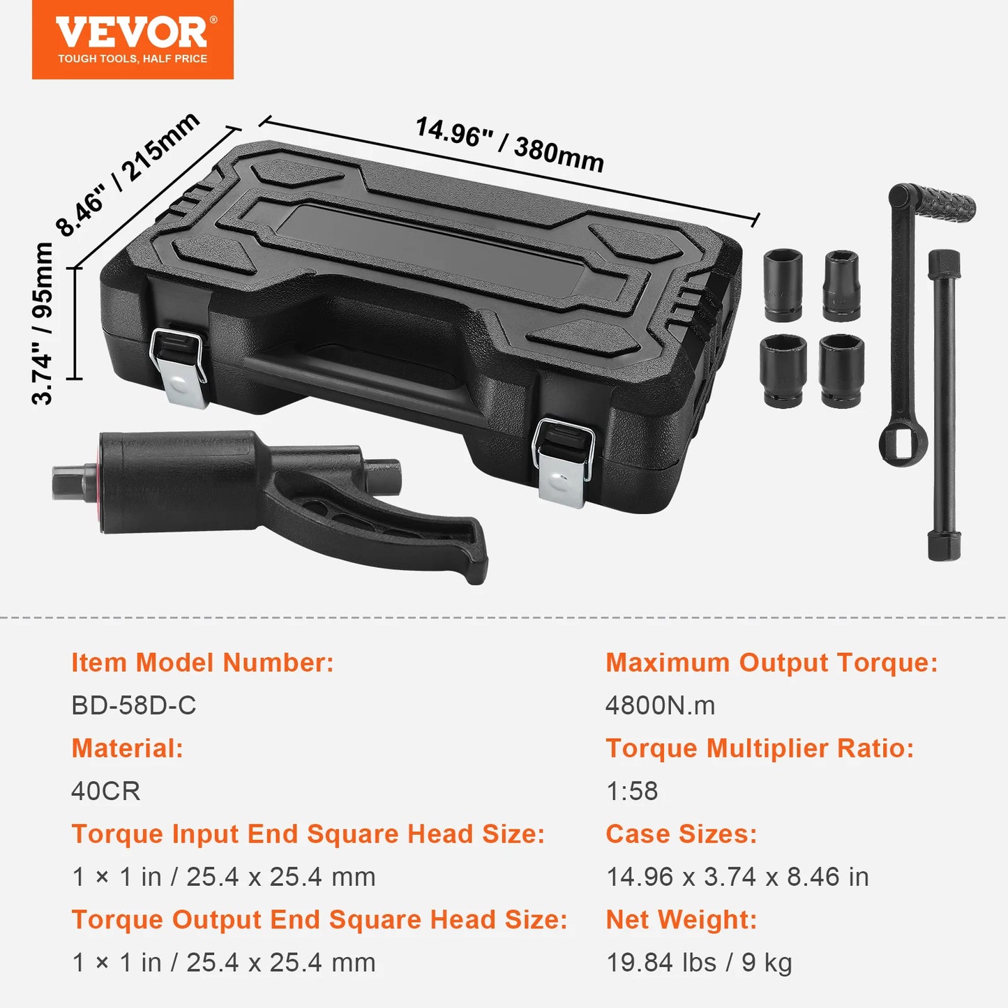 Torque Wrench Set 4/8 Sockets Multiplier Drive Lug Nut Wrench Heavy Duty Torque Multiplier with Case
