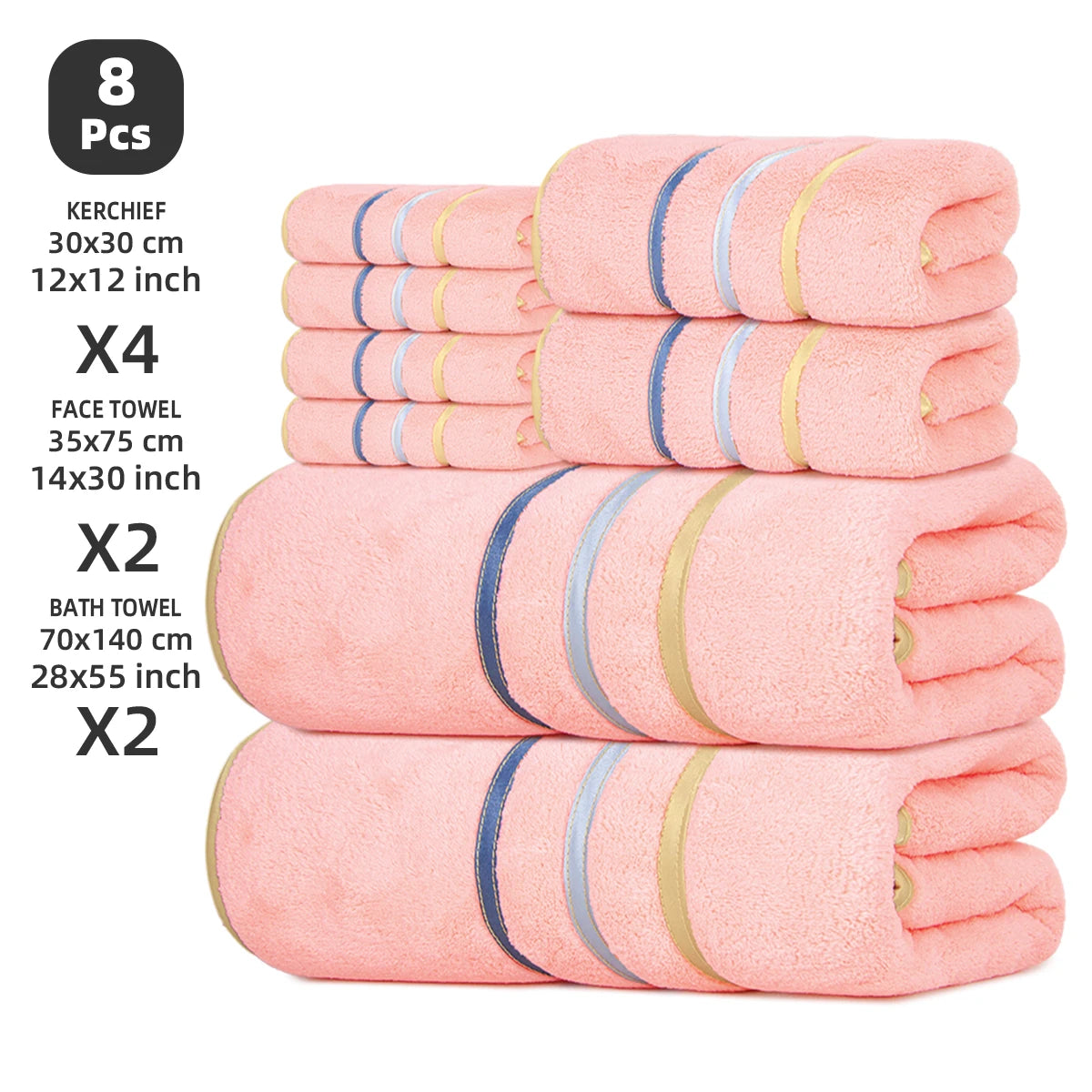 8-Piece Towel Set, 2 Bath Towels + 2 Hand Towels + 4 Face Towels, Soft