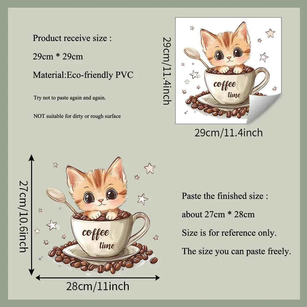 Cartoon Coffee Cup Cat Wall Sticker Cafe Background Decoration Mural Kitchen Restaurant Beautify Home Decor Self-adhesive Decals