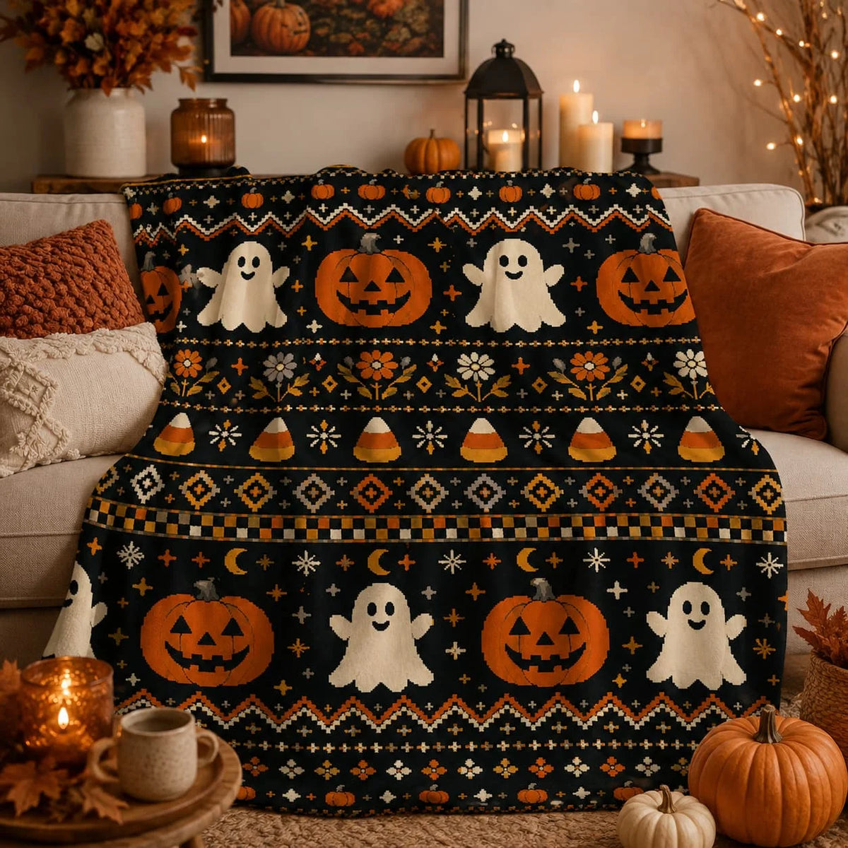 Halloween Sherpa Blanket, Cottagecore Fleece Throw, Cozy Pumpkin Ghost Fall Blanket, New Home Halloween Gift