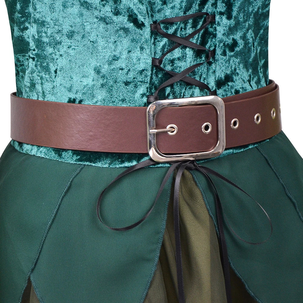 Women's Elf Medieval Green Fairy Dress Magical Elf Dress and Belt with Wings Halloween Carnival Party Cosplay Costumes