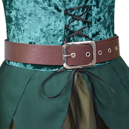 Women's Elf Medieval Green Fairy Dress Magical Elf Dress and Belt with Wings Halloween Carnival Party Cosplay Costumes