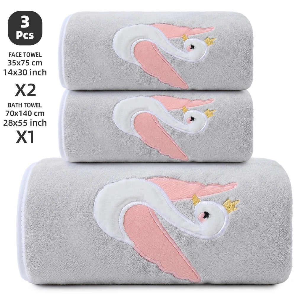 3-Piece Towel Set, 1 Bath Towel + 2 Hand Towels, Elegant Swan Embroidery