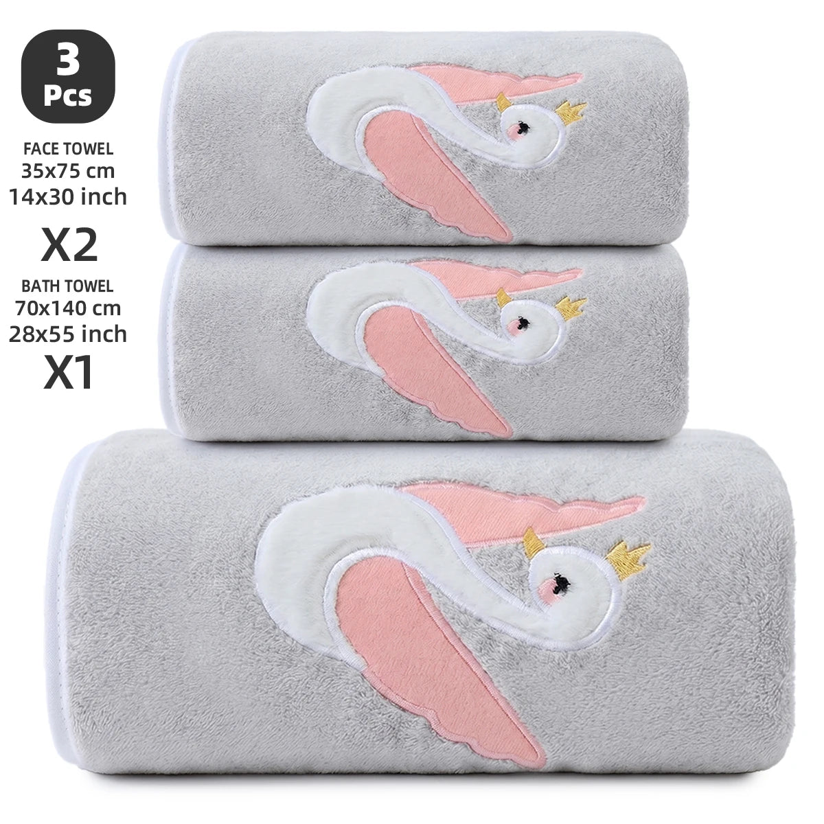 3-Piece Towel Set, 1 Bath Towel + 2 Hand Towels, Elegant Swan Embroidery