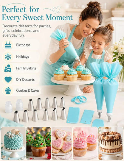 21-Piece Cake Decorating Kit | Reusable Silicone Piping Bags & Tips Set
