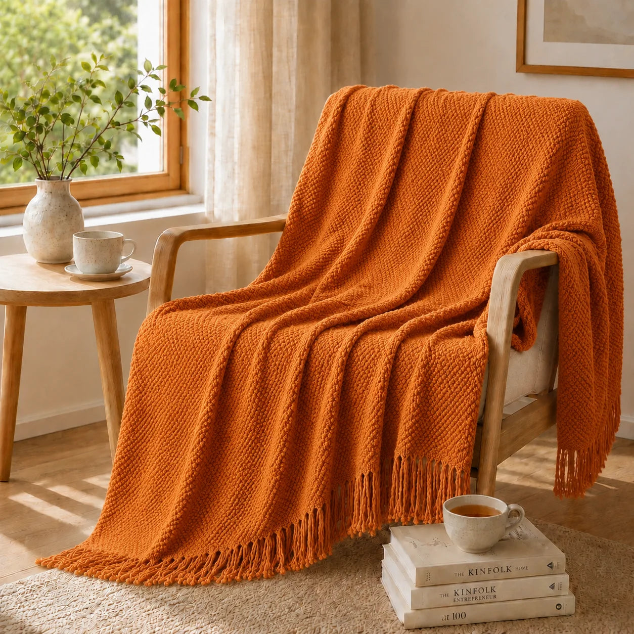 Sage Green Mixed Bobble Diamond Textured Knit Throw Blanket with Tassel Fringe, Soft Knitted Decorative Blanket, Lightweight Cozy Cover for Couch Sofa Bed, Boho Farmhouse Home Decor for Living Room Bedroom