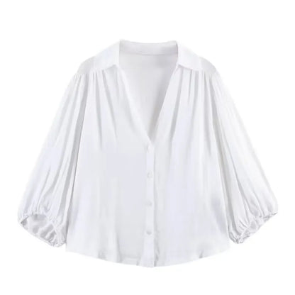 Women's Loose Fit Bubble Sleeve Blouse – Turn-Down Collar Casual Commute Summer Shirt