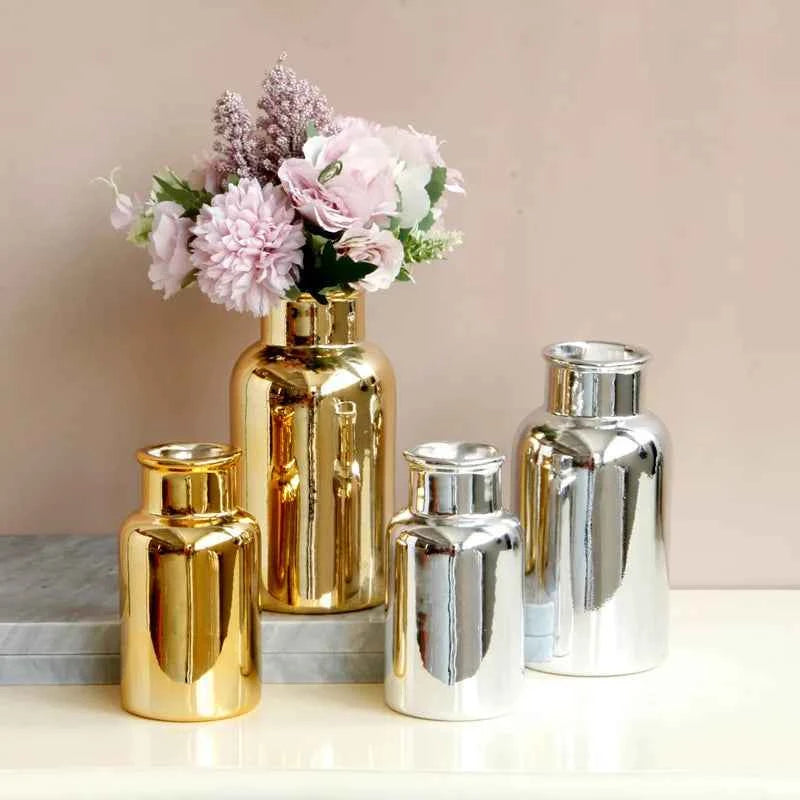 Simple European Style Gold Silver Bright Surface Ceramic Desktop Vase Flower Insert Nordic Style Home Decoration
