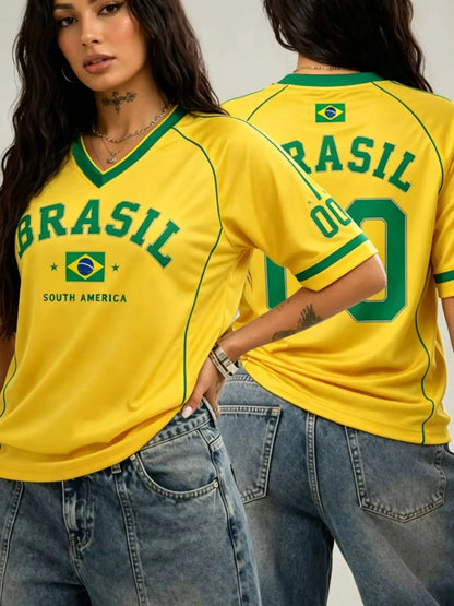 Women's Brazil Print V-Neck Sport T-Shirt — Plus Size Short Sleeve Jersey