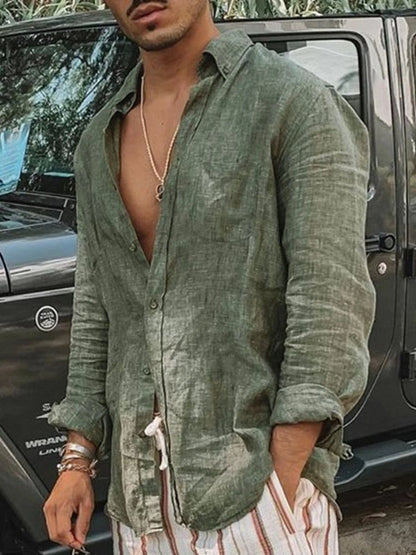 Men's Casual Solid Color Long Sleeve Lapel Shirt — Outdoor Cardigan Top