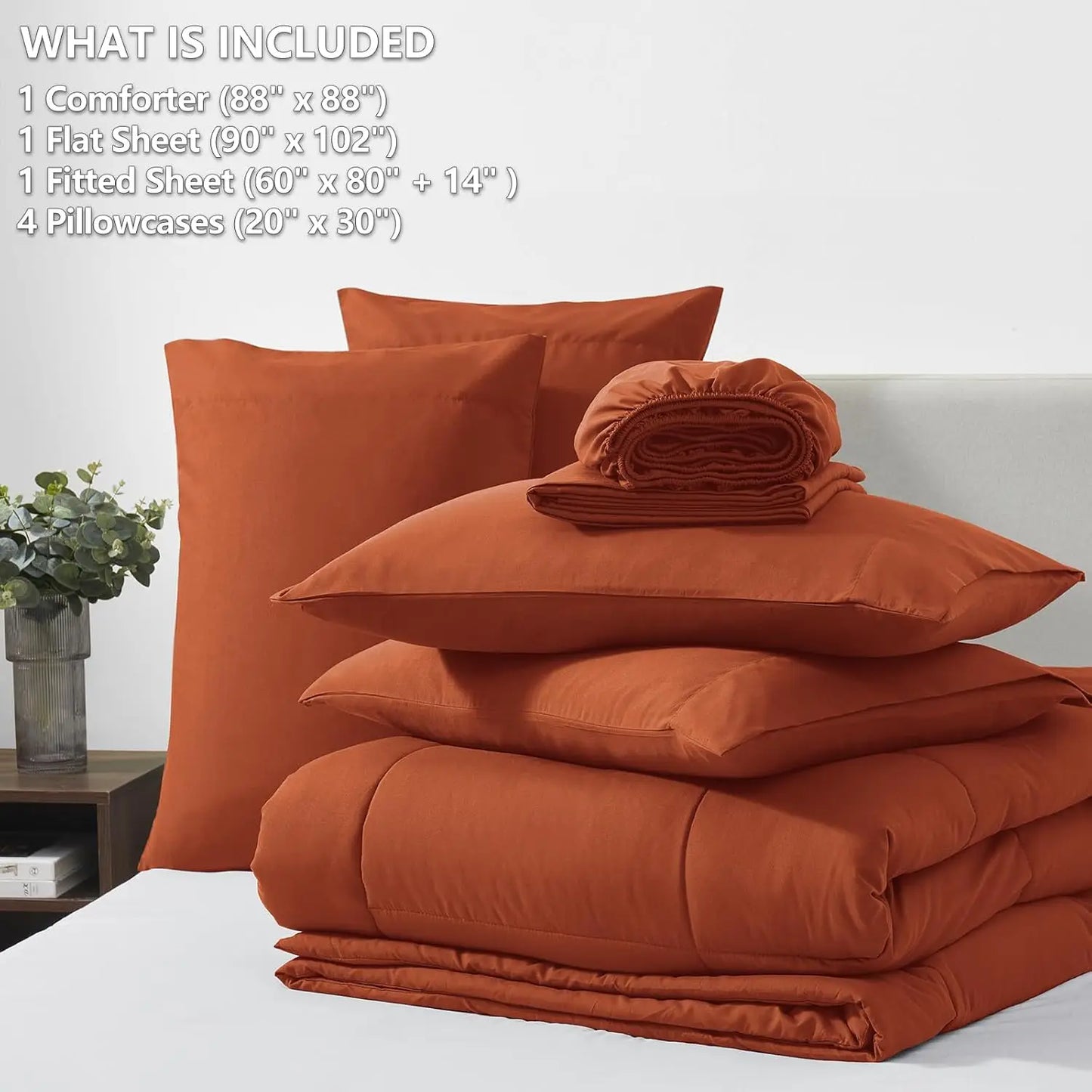 Queen Comforter Set Terracotta 7 Pieces Bed in a Bag with Quilted Comforter and Sheets