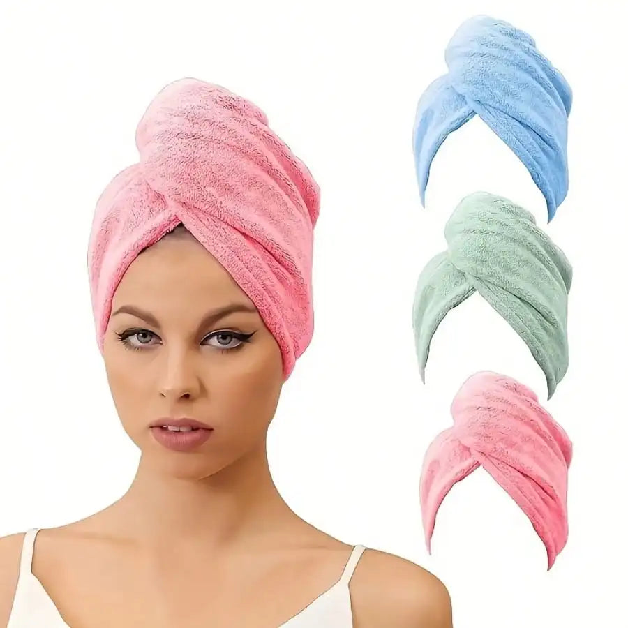 3pcs Women's Quick Dry Absorbent Super Soft Fiber Hair Turban, Coral Fleece Hair Towel