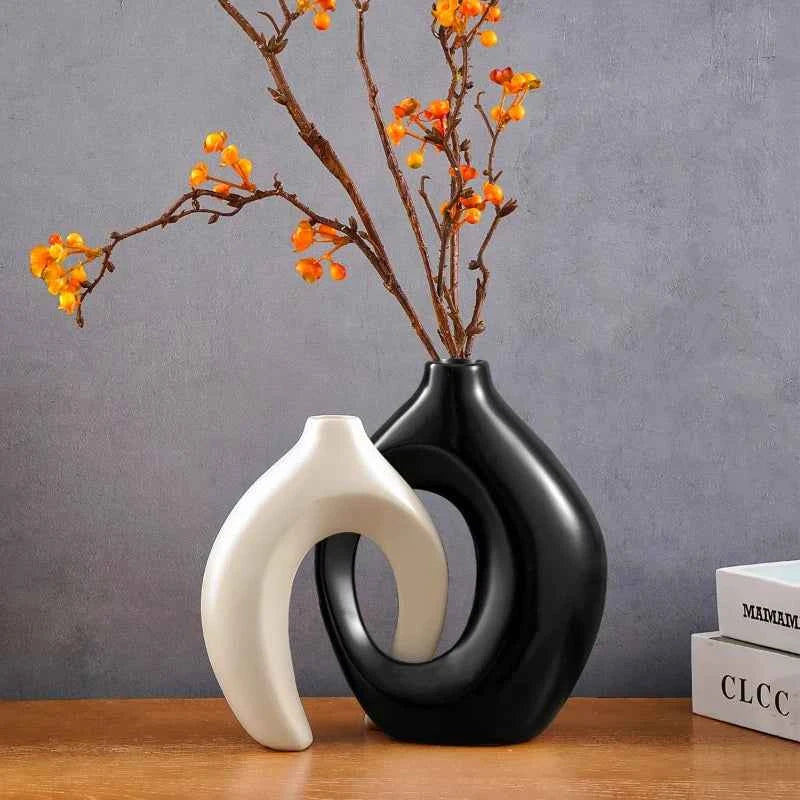Hollow Nordic Modern  Vase Set of 2 for Modern Home Decor,Plastic imitation ceramic Hollow Flower Vases for Living Room