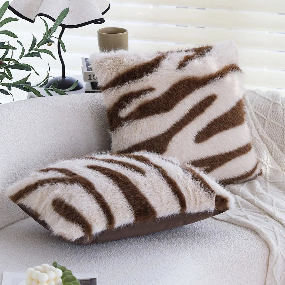 Zebra Print Faux Fur Cushion Cover, Black & White