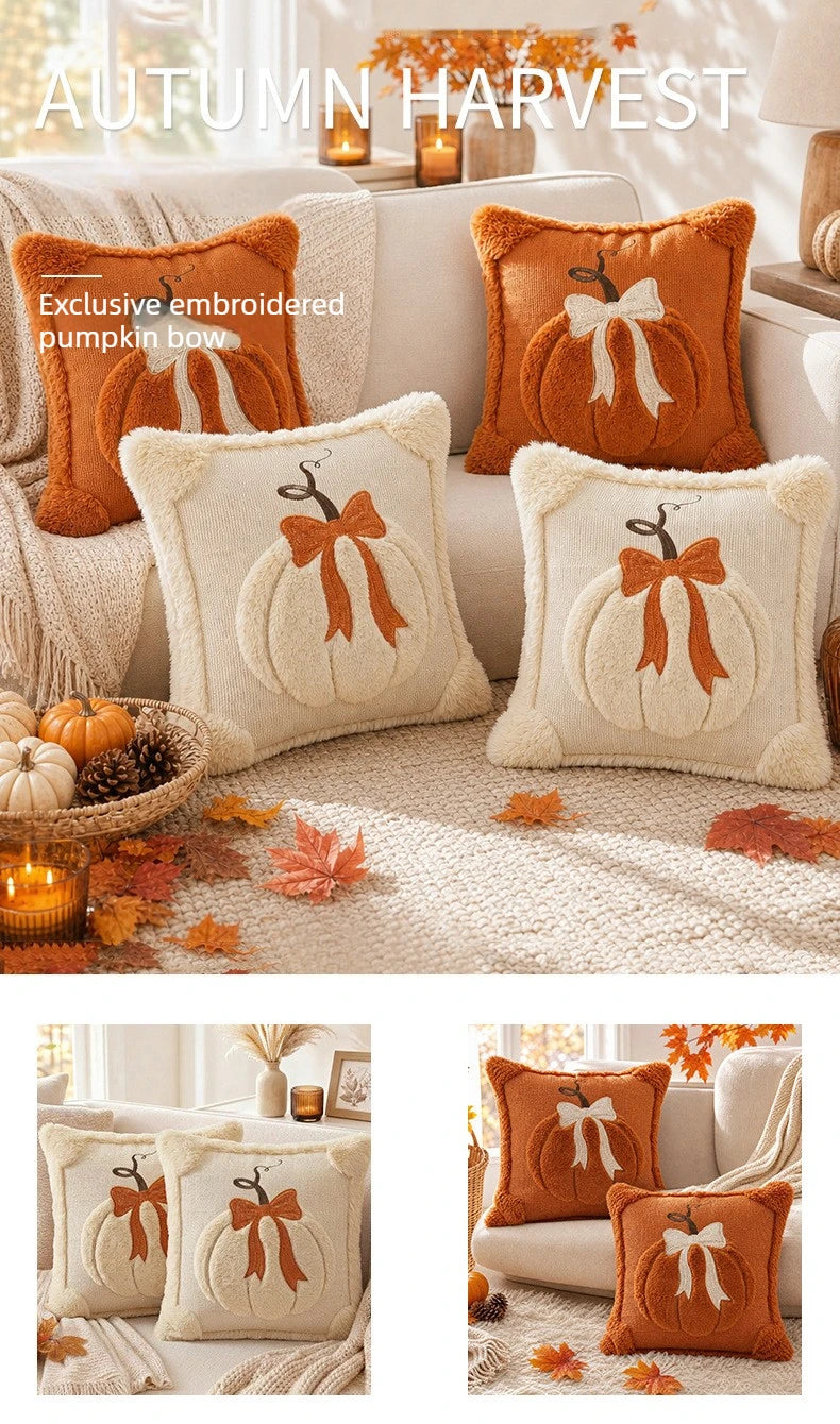 3D Plush Pumpkin Throw Pillow with Bow, Fall Decor
