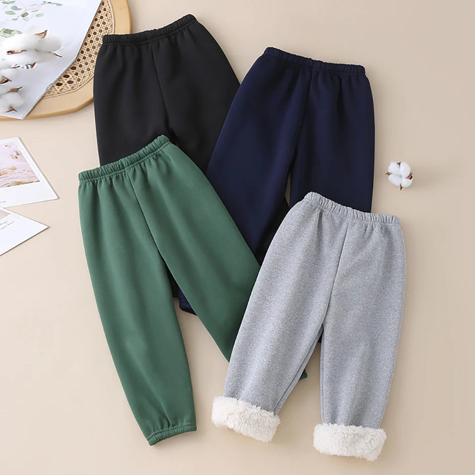 Autumn And Winter Children's Plush Warm Sports Casual Pants For Boys And Girls Solid Color Fashion Thick Windproof Harun Pants