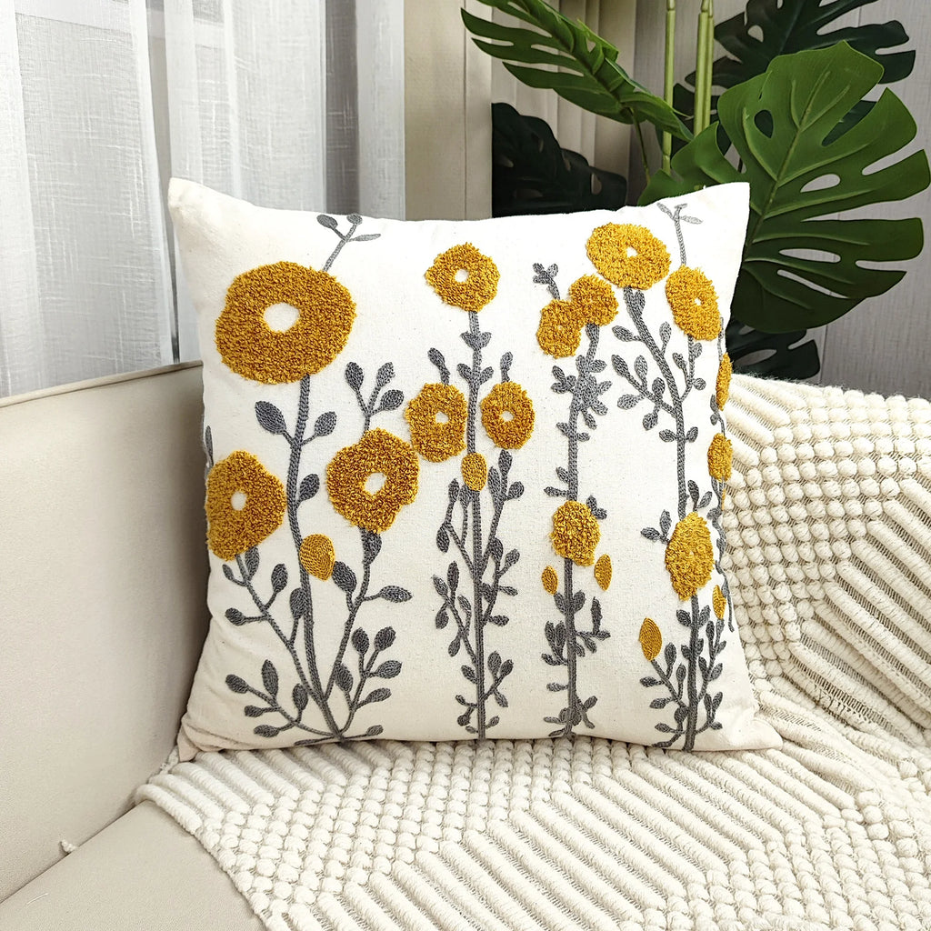 Boho Floral Tufted Embroidery Cushion Cover