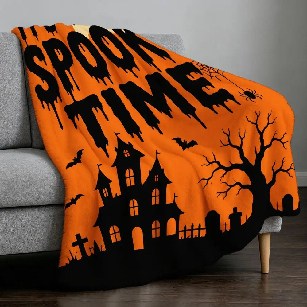 Halloween Fleece Throw Blanket Soft Cozy Large Orange Black Spooky Graphics IT's SPOOKY TIME Bats Full Moon Haunted Mansion Tree Spiderweb Graveyard for Sofa Couch Decor