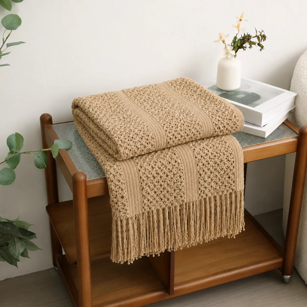 Cream Popcorn Bobble Textured Knit Throw Blanket with Tassel Fringe, Soft Knitted Decorative Blanket, Lightweight Cozy Cover for Couch Sofa Bed, Boho Farmhouse Home Decor for Living Room Bedroom