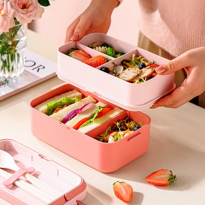 Portable Lunch Box Bamboo Fiber 3in1 Double Layer Bento BOX Microwave Spoon Fork Women Girl School Kids Picnic Bento Box