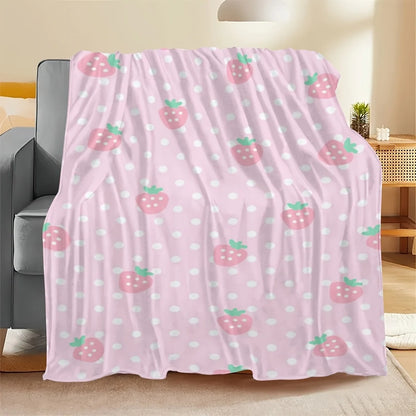 Pink Strawberry Print Flannel Blanket, Soft Warm Cozy Throw for Home Kitchen Sofa Camping Relaxation
