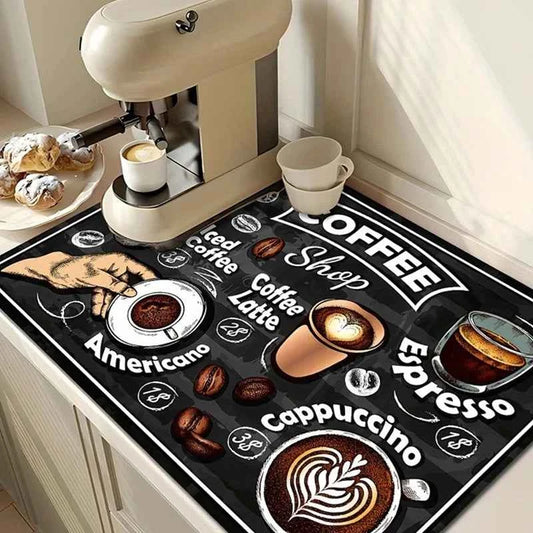 Creative Coffee Print Kitchen Drying Mat Soft Rubber Non-Slip Absorbent Stain-Resistant Mats for Coffee Bar Countertops Dish Mat
