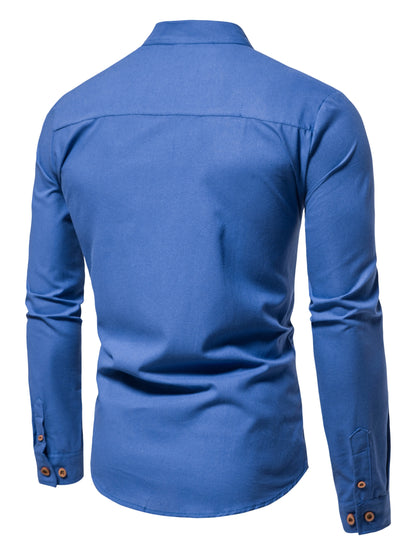 Men's Pure Cotton Slim-Fit Shirt — Elegant Long Sleeve Stand-Up Collar