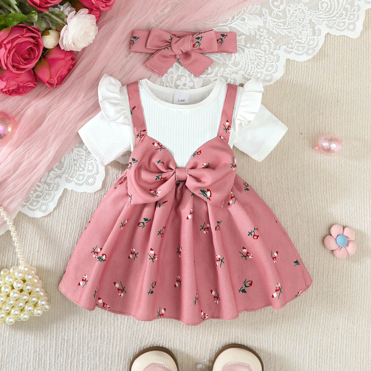 2Pcs/Set Baby girl Dress Small Floral Large bow Summer,Dress+Headband Set suitable for 0-24 Months Baby girls Fashionable Dress
