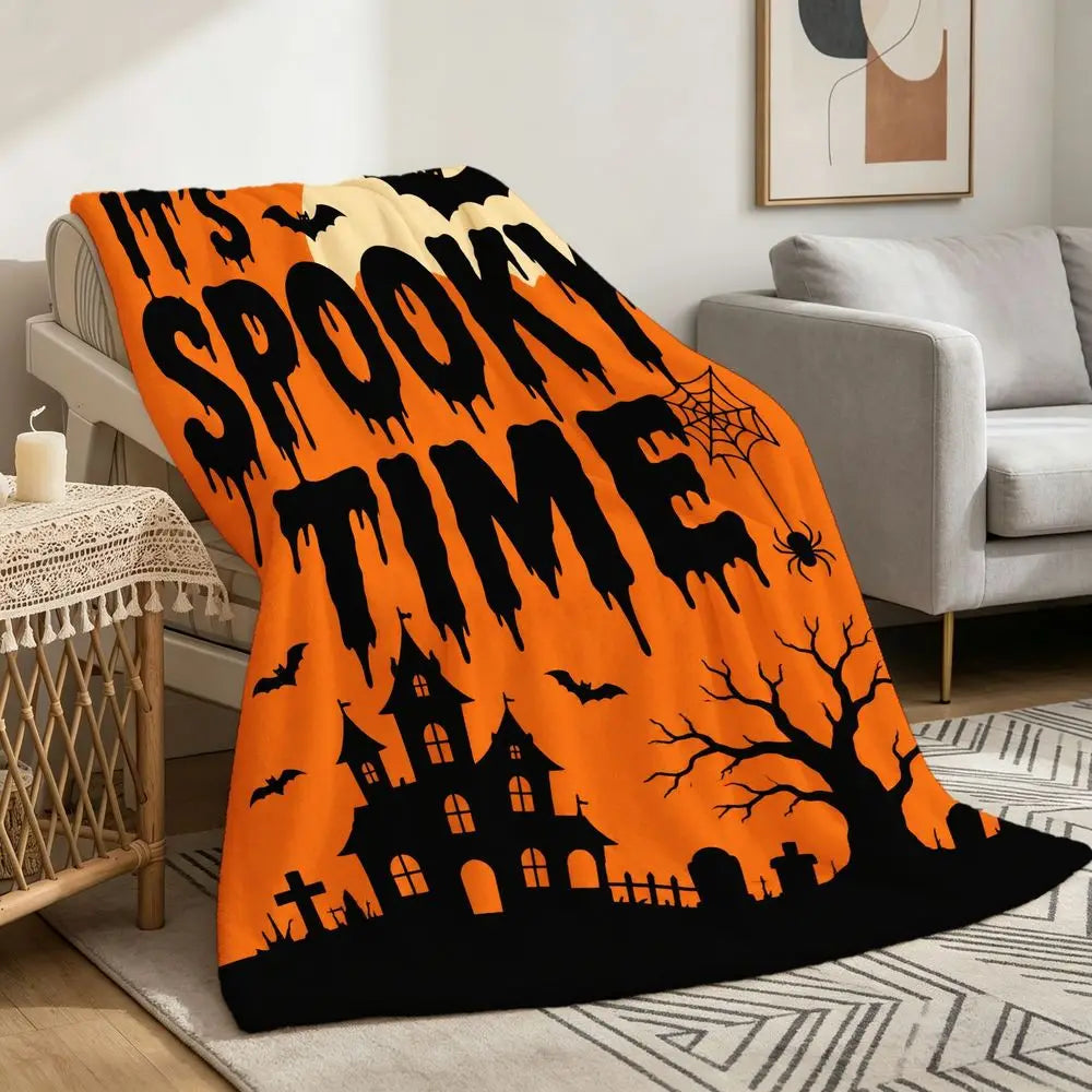 Halloween Fleece Throw Blanket Soft Cozy Large Orange Black Spooky Graphics IT's SPOOKY TIME Bats Full Moon Haunted Mansion Tree Spiderweb Graveyard for Sofa Couch Decor