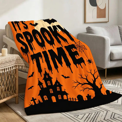 Halloween Fleece Throw Blanket Soft Cozy Large Orange Black Spooky Graphics IT's SPOOKY TIME Bats Full Moon Haunted Mansion Tree Spiderweb Graveyard for Sofa Couch Decor