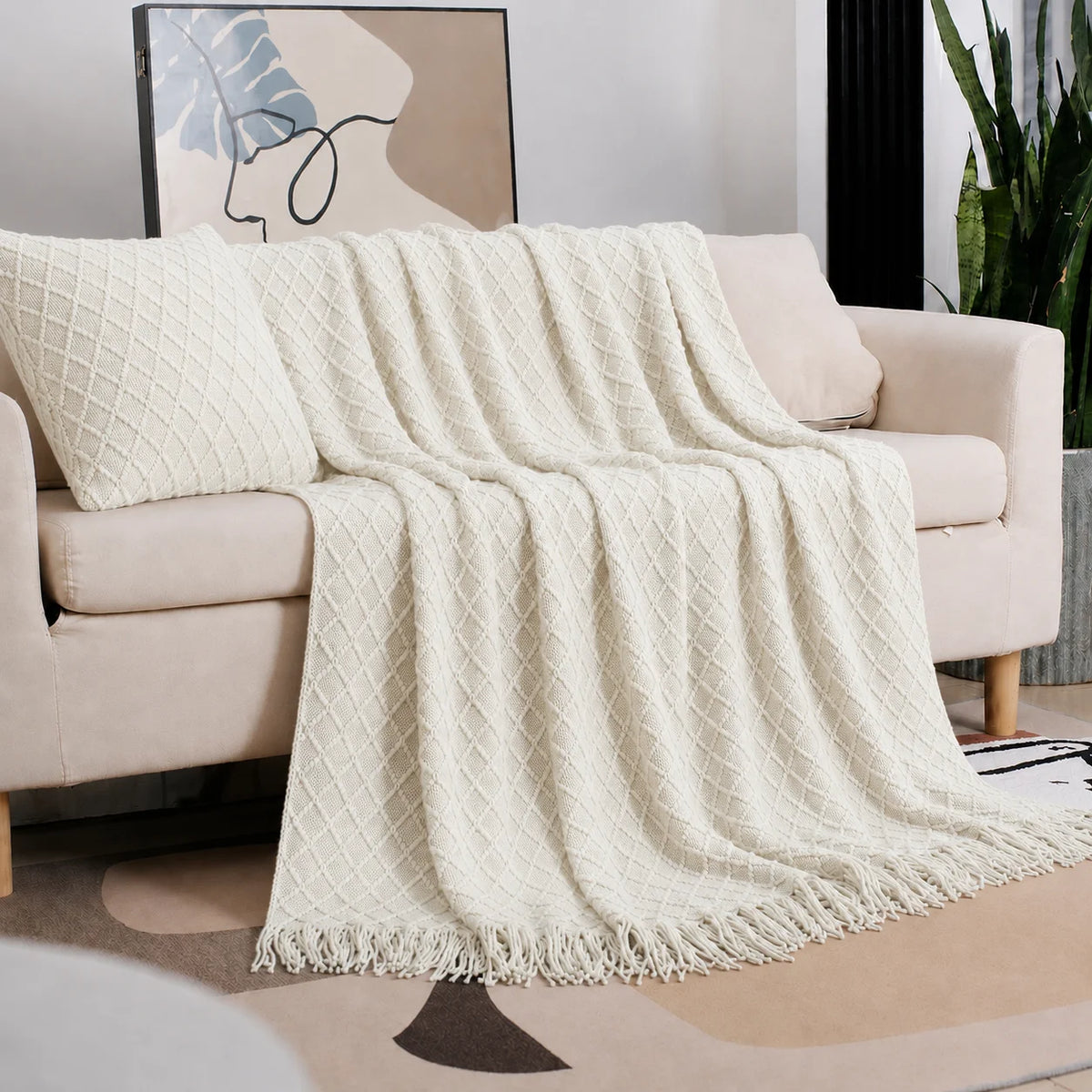 Beige Openwork Textured Knit Throw Blanket with Tassel Fringe, Soft Knitted Decorative Blanket, Lightweight Cozy Cover for Couch Sofa Bed, Boho Farmhouse Home Decor for Living Room Bedroom