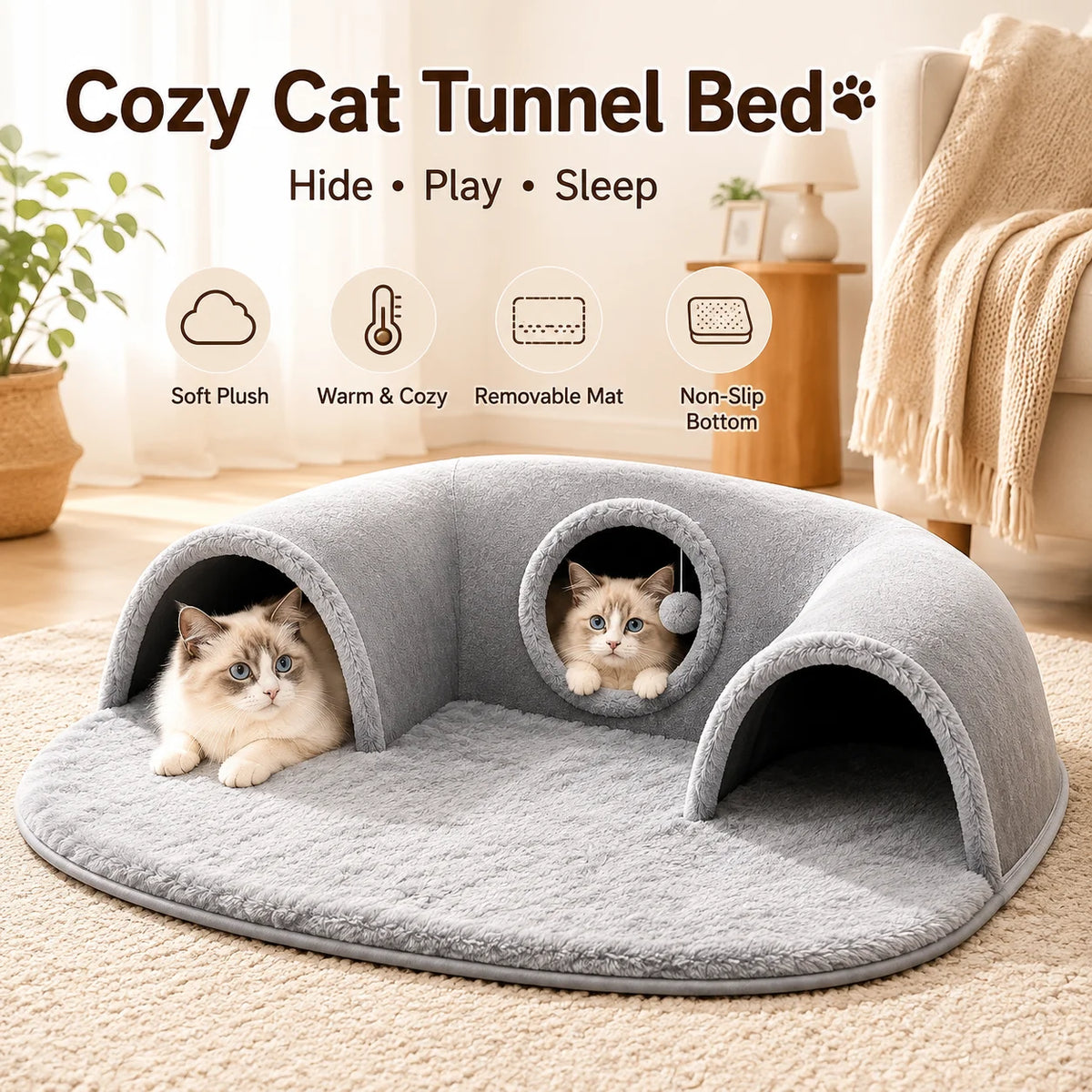 U-Shaped Cat Tunnel Bed, Detachable & Washable