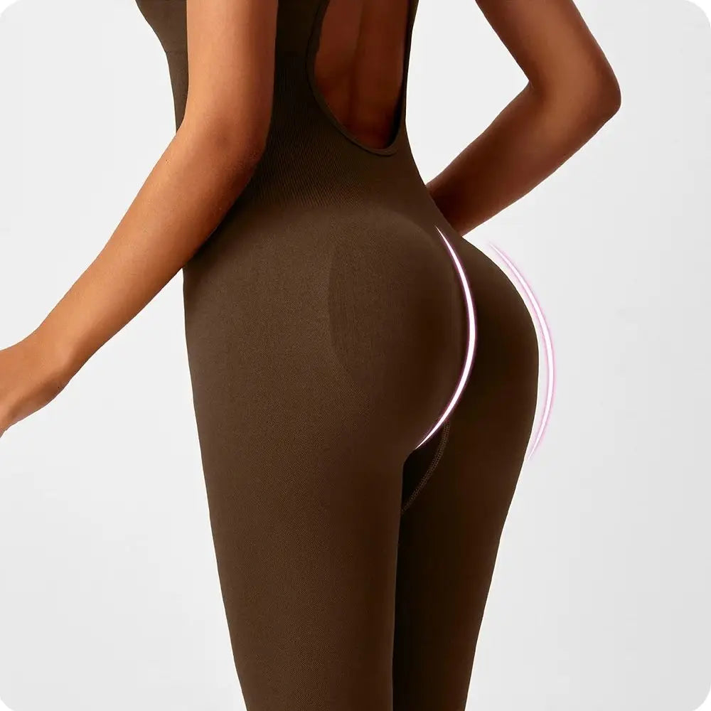 Women's V-Back Seamless Yoga Bodysuit — Peach Booty Tummy Control One-Piece Jumpsuit