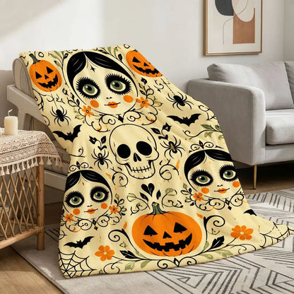 Whimsical Halloween Fleece Throw Blanket with Spooky Pumpkin Skull And Spiderweb Design Soft Warm Decorative Bed Sofa Blanket for Fall Home Decor Holiday Gifts for Friends