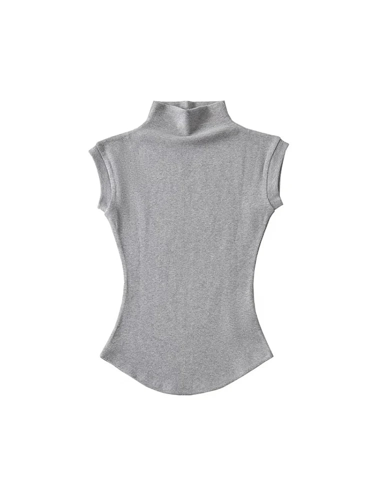 Women's Turtleneck Sleeveless T-Shirt — Solid Slim Fit Casual Streetwear Tee