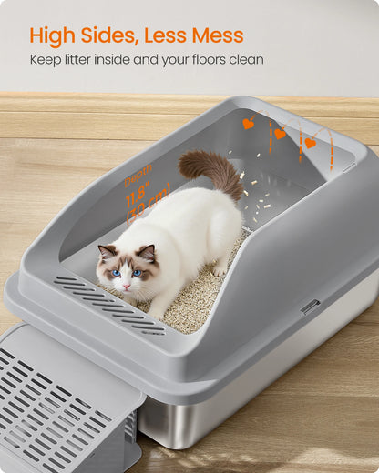 Stainless Steel Open Top Cat Litter Box — High Sided with Step, Scoop & Brush