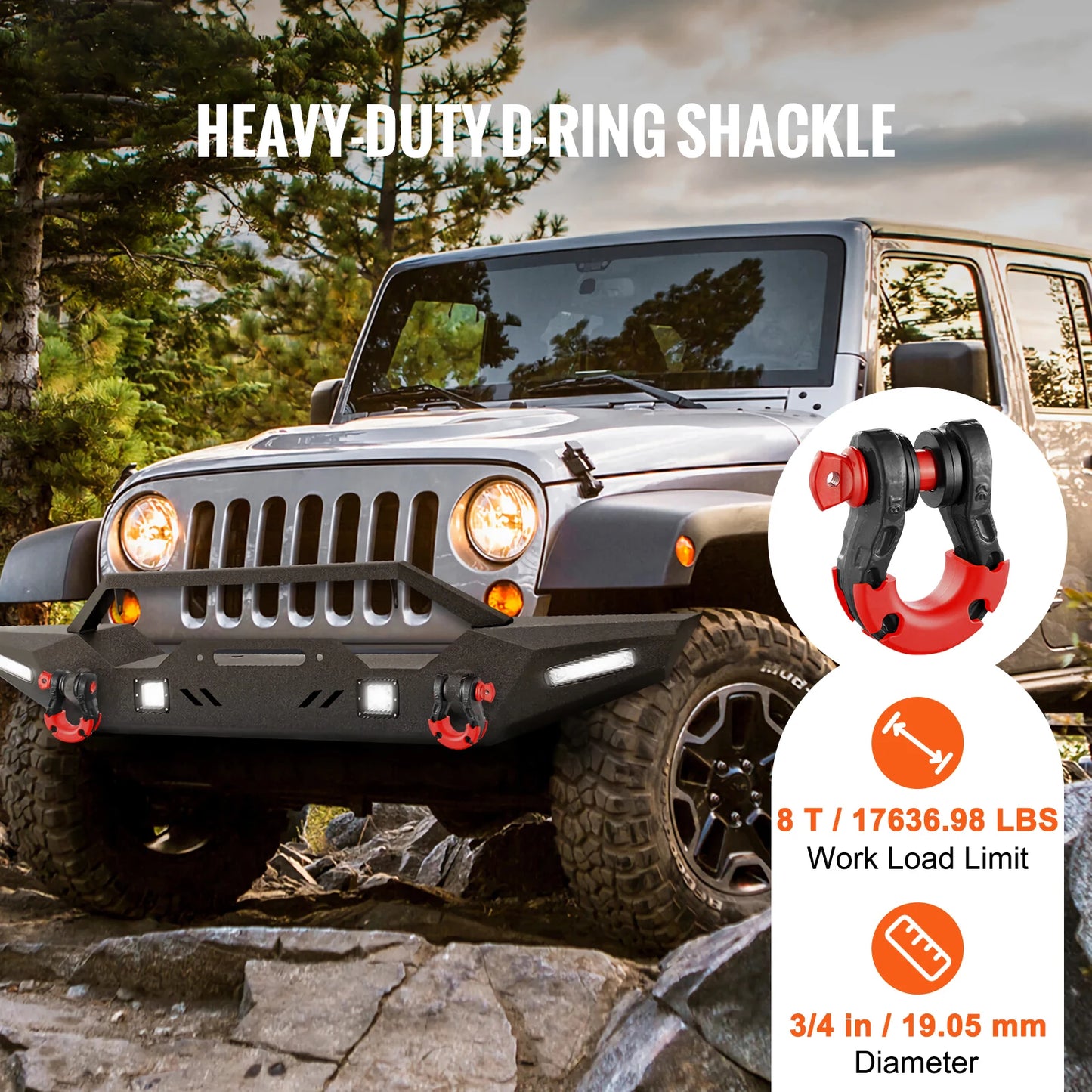 2pcs 3/4" D-Ring Shackle U-Hook Loop Shackles with 7/8" Pin Isolators & Washers for Jeep Off Road Vehicle Recovery