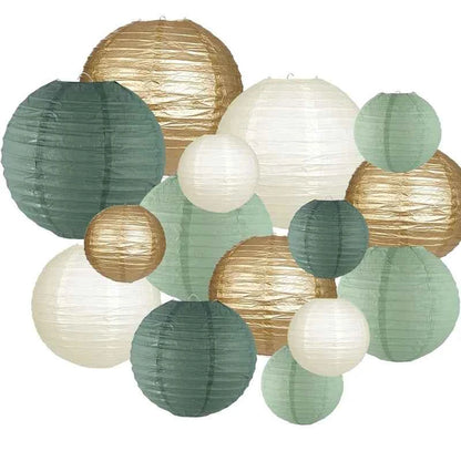 15-Piece Set of Paper Lantern Decorations, Round Hanging Paper Lantern Decorations, Suitable for Rural Parties, Bridal Gifts, Weddings, Gray-Green Birthday Party Supplies Gold/Yellow-Green, Party Supplies, Ceiling Party Decor