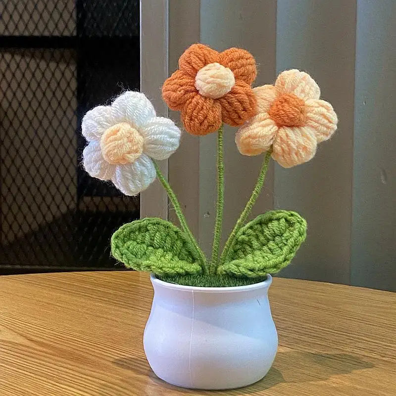 DIY Handwoven Mini Potted Flower Rose Office Desktop Ornamental Potted Plants Woolen Thread Finished Product Home Decoration