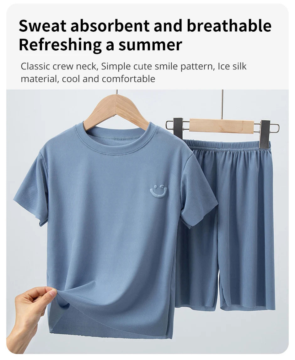 Children's Ice Silk Pajamas, Summer Thin Short Sleeved Shorts, 2-Piece Set of Big Boys and Girls' Home Clothing Set