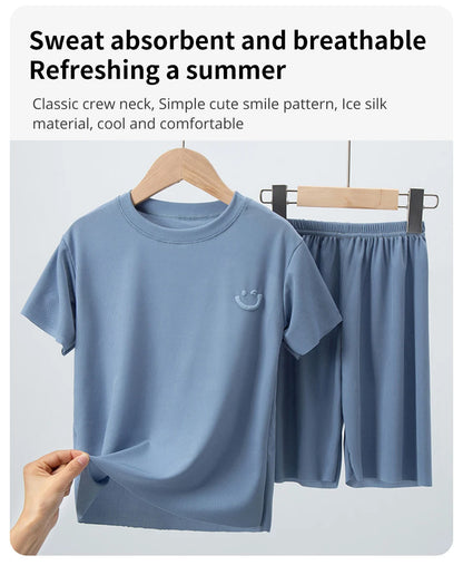 Children's Ice Silk Pajamas, Summer Thin Short Sleeved Shorts, 2-Piece Set of Big Boys and Girls' Home Clothing Set